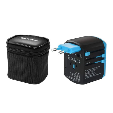 Universal USB Travel Power Adapter With Quad USB Ports And Type C For Worldwide Charging All In One International Wall Charger next to carrying case