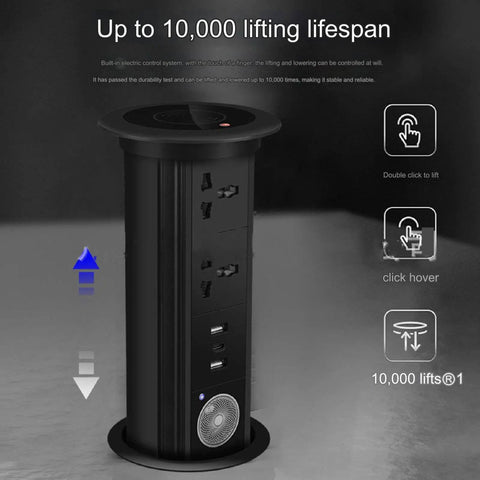 Waterproof Pop Up Power Strip With Smart Lifting Mechanism For Desk And Kitchen showing automatic lift controls and outlets.