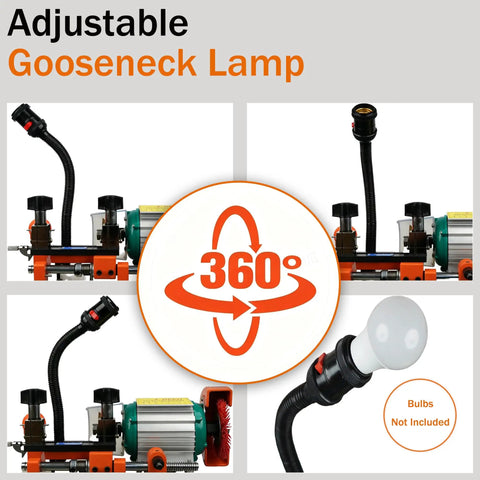 Adjustable gooseneck lamp with 360-degree rotation shown next to key cutting machine duplicator for precise manual key copying.