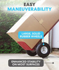 Workhorse Heavy Duty Convertible Hand Truck Dolly With 10 Inch Solid Wheels For Moving Appliances And Boxes, 600 Lbs Capacity, Smooth Glide, Red Powder Coat Finish, showing solid wheels and boxes on incline