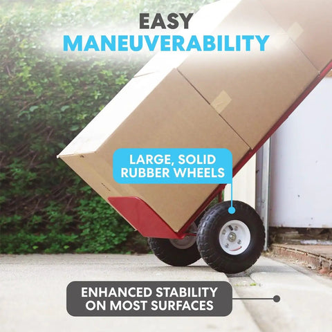 Workhorse Heavy Duty Convertible Hand Truck Dolly With 10 Inch Solid Wheels For Moving Appliances And Boxes, 600 Lbs Capacity, Smooth Glide, Red Powder Coat Finish, showing solid wheels and boxes on incline