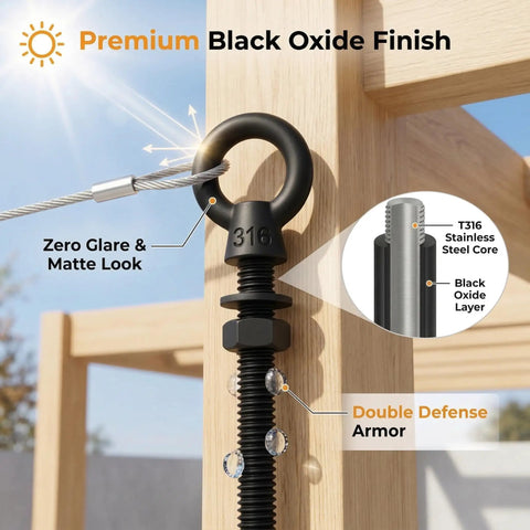 Tough As Nails T316 Stainless Steel Eye Bolts 5 Pack Black 1/4 X 2 Inch With Nuts And Washers showcasing premium black oxide finish.
