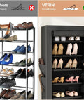 Comparison of open shoe rack and Vertical Narrow Shoe Rack Organizer Ten Tier Tall Shelf That Holds 20 To 22 Pairs, Black with cover