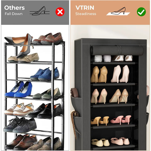 Comparison of open shoe rack and Vertical Narrow Shoe Rack Organizer Ten Tier Tall Shelf That Holds 20 To 22 Pairs, Black with cover