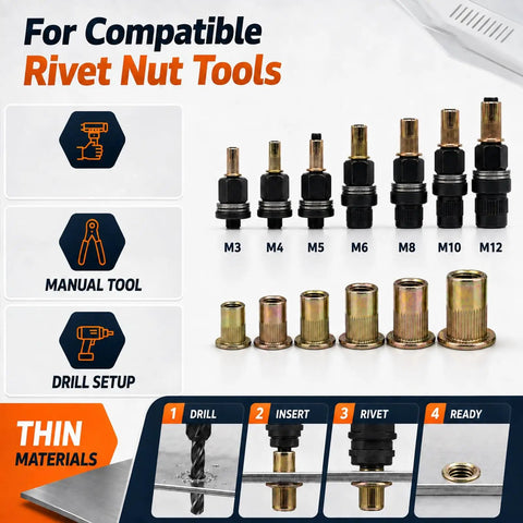 Rivet Nut Tool Set for Installation M3 To M10, Pro Grade Heavy Duty Carbon Steel Nutsert Kit, Quick Release Nut Setter Gun for Metal Fabrication, Home Diy Projects, Furniture Assembly, Reliable Threaded Fastening Points M3-M12 adapters