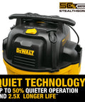 Heavy Duty 10 Gallon Wet Dry Shop Vacuum Featuring Straight Up Quiet Stealth Sonic Motor And Insane Suction Power For Garage Jobsite Workshop Cleanups Or Auto Detailing With All Attachments Included showing the DEWALT vacuum with quiet technology features.