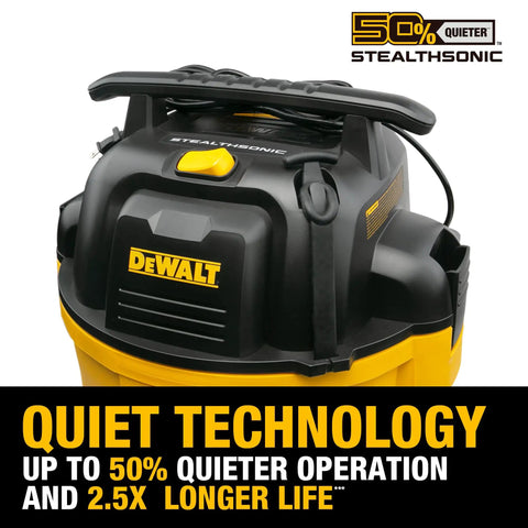 Heavy Duty 10 Gallon Wet Dry Shop Vacuum Featuring Straight Up Quiet Stealth Sonic Motor And Insane Suction Power For Garage Jobsite Workshop Cleanups Or Auto Detailing With All Attachments Included showing the DEWALT vacuum with quiet technology features.