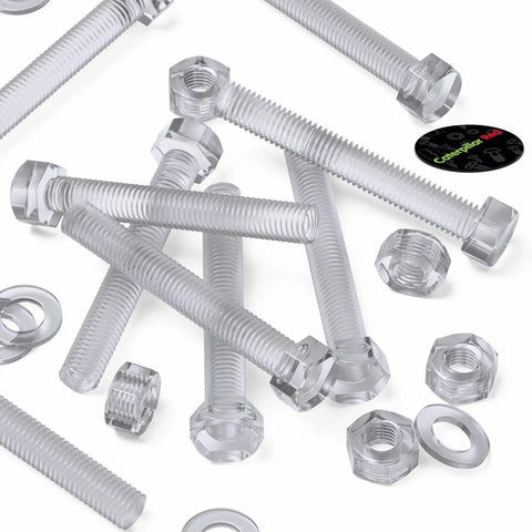Kickass Clear Acrylic Hex Bolt Fastener Kit Paired With Nuts And Washers M8 X 60mm showcasing transparent fasteners and washers.
