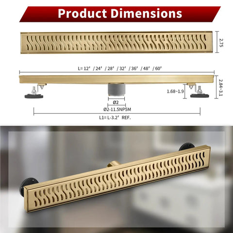 Product dimensions for Slick 36 Inch Linear Shower Drain With Brushed Gold Finish And Heavy Duty Real Deal Build.