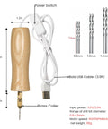 Electric Resin Drill Set With Premium Wooden Body Handheld Jewelry Drill, USB cable, drill bits, and measurements