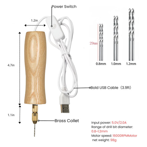 Electric Resin Drill Set With Premium Wooden Body Handheld Jewelry Drill, USB cable, drill bits, and measurements