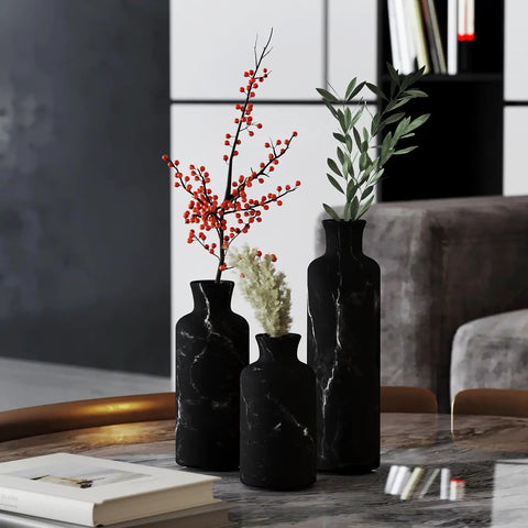 Black Marble Look Vase Set With Dope Matte Resin Finish, arranged with pampas grass and greenery on a modern living room table.