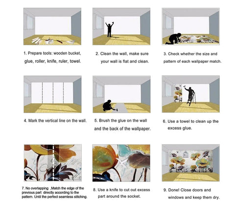 Installation steps for Tropical Monstera Banana Leaf Palm Leaf Wall Mural Five Panel Set 103 By 69 Inches showing tools and method.