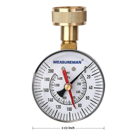 MeasureMan 2-1/2 in water pressure test gauge, 0-200 psi, 3/4 in female hose thread, brass body