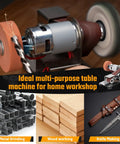 Top Shelf Mini Belt Sander Electric Bench Grinder With Dead On 15 Degree Knife Sharpener and Boss Level Variable Speed Buffer for Metal Wood DIY craftwork, showing metal grinding and wood working.