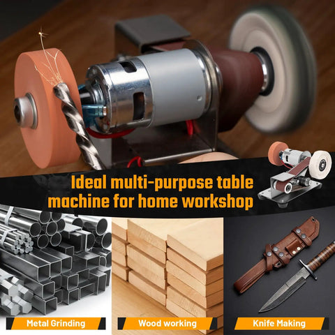 Top Shelf Mini Belt Sander Electric Bench Grinder With Dead On 15 Degree Knife Sharpener and Boss Level Variable Speed Buffer for Metal Wood DIY craftwork, showing metal grinding and wood working.