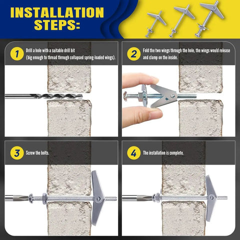 50 Piece Assortment Toggle Bolt And Wing Nut Kit For Hollow Walls With 1/8 3/16 And 1/4 Inch Butterfly Anchors Screws And Washers Great For Hanging Curtains Lamps Picture Frames And Decor On Drywall. installation steps for hollow wall toggle bolt and wing nut kit on drywall