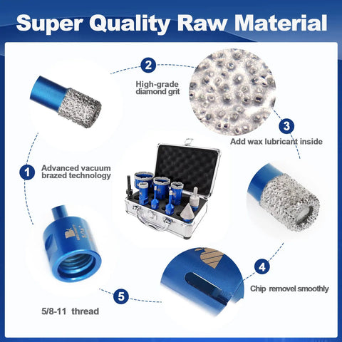 Diamond Core Drill Bit Set For Porcelain Tile Ceramic Marble Granite Drilling Includes 6mm 8mm 25mm 35mm 50mm 65mm Diamond Bits 10 To 25mm Finger Bit SDS Adapter And 35mm Chamfer Bit Built For Fast Clean Preps Pro Grade Quality, showing high-grade diamond grit and case