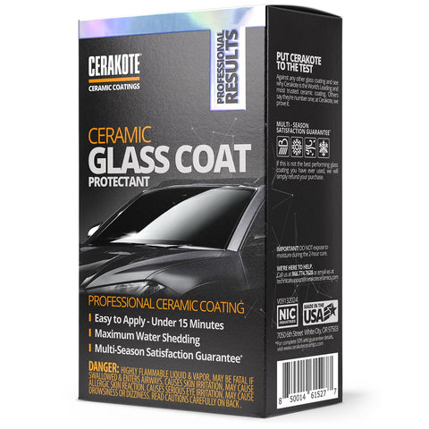 Box of Ceramic Glass Coat Protectant for Windshields and Glass Surfaces hydrophobic rain repellent.