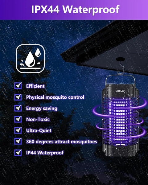 Outdoor And Indoor Mosquito Zapper Electric Insect Killer with purple UV light hanging in the rain, highlighting features.