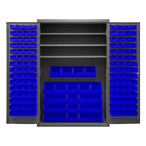 Interior view of the 48 Inch Wide Rock Solid Steel Lockable Workshop Cabinet Featuring 138 Blue Hook On Organizers.