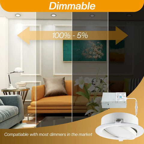 Living room with dimmable Six Inch LED Recessed Lighting Kit with junction box, showing light levels from 100% to 5%.