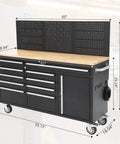 Front view of 61 Inch Wide Beefy Heavy Duty Rolling Tool Chest With Nine Lockable Drawers, Wood Top Workbench, Steel Cabinet