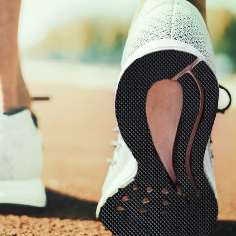 Sole of a shoe showing five millimeter thick shoe rubber sheet with grippy non slip diamond pattern replacement soles installed