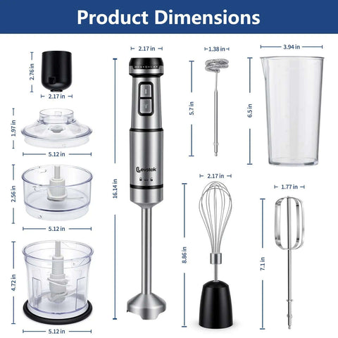 Heavy Duty 1200W Immersion Hand Blender Set With Twenty Adjustable Speeds Plus Rust Proof Stainless Steel Blades product dimensions with attachments.