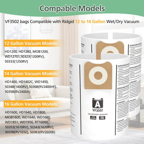 12 Pack VF3502 Vacuum Bags For 12 To 16 Gallon Wet Dry Vacuums, details of compatible models, high efficiency, filter bags