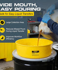 Yellow Pro Grade Spill Reducing Drum Transfer Funnel for 30 and 55 gallon drums in use, showing wide mouth for easy pouring.