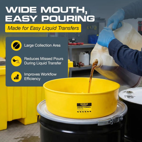 Yellow Pro Grade Spill Reducing Drum Transfer Funnel for 30 and 55 gallon drums in use, showing wide mouth for easy pouring.