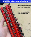 Hand holding an Eight Piece Socket Organizer Set With Six Socket Trays And Two Wrench Racks For One Quarter Inch Three Eighths Inch And One Half Inch Sockets And Metric SAE Tools For Your Garage Or Toolbox against workbench.