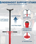 Under Hoist Support Stand featuring 0.75 Ton load capacity, adjustable height from 51.18" to 74.8" for garage use.