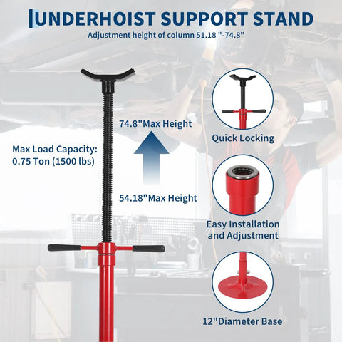 Under Hoist Support Stand featuring 0.75 Ton load capacity, adjustable height from 51.18" to 74.8" for garage use.