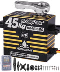 Waterproof RC Servo With Brushless Motor And Metal Gear, Beefy 45kg Torque, Aluminum Case, shown with accessories and box