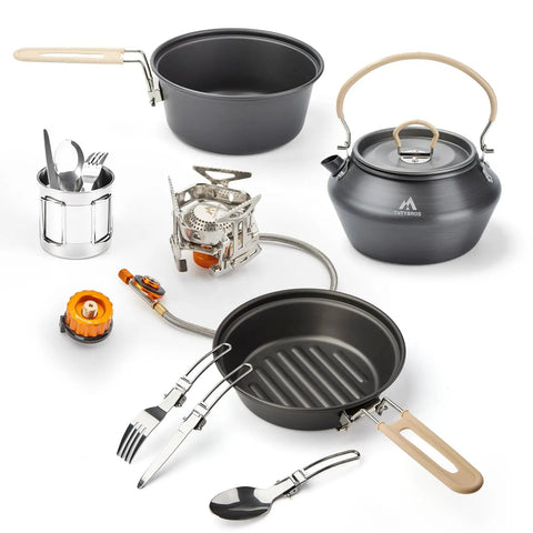 All In One Camping Cookware Gear With 3500W Portable Stove, 1.70L Pot, 1.15L Kettle, 7.5 Inch Frying Pan, and dinner cutlery