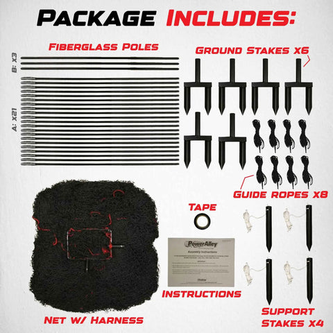 Heavy-Duty Baseball And Softball Batting Cage With Frame, 22 Ft Long By 12 Ft Wide By 8 Ft High package contents display