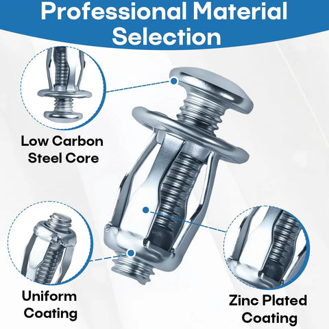Heavy Duty Expansion Screw Jack Nuts Assortment Kit With Zinc Plated Carbon Steel Fasteners showing low carbon steel core and zinc coating.