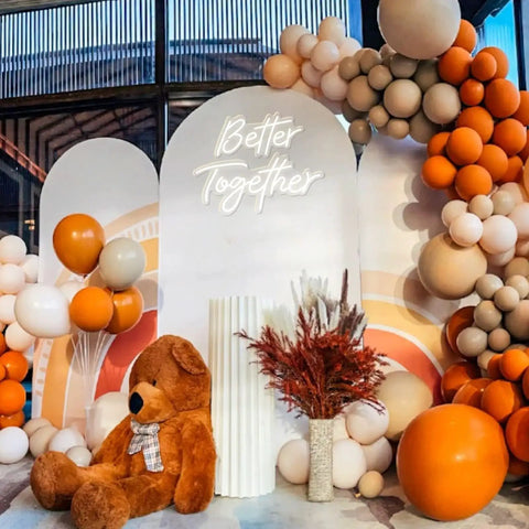 Better Together Neon Sign With Dimmer Switch For Wall Decor And Wedding Vibes Warm White Light, balloons, and teddy bear display