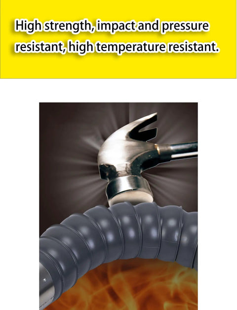 Super Flexible Welding Fume Extractor Arm heat-resistant hose with hammer impact illustration, flame background