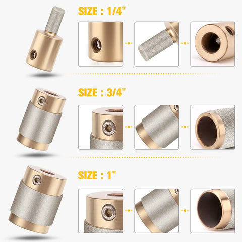 Stained Glass Diamond Grinder Bit Set With Brass Core, Three Sizes In One Pack, showing 1 inch, 3/4 inch, 1/4 inch bits, with Allen wrenches.