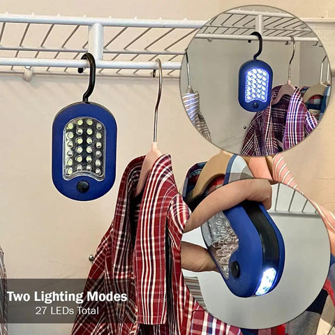 Magnetic LED Work Light Six Pack With 27 LED Lights And Swivel Hook in closet with clothes, close-up of hands using light