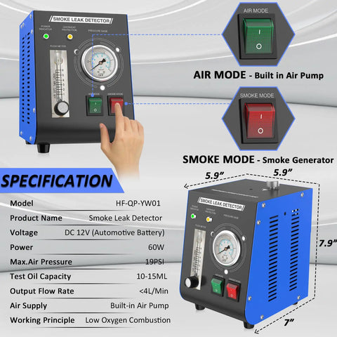 EVAP Smoke Machine Leak Tester With Built In Air Pump And Pressure Gauge Flow Meter Dual Mode Automotive Leak Detector For All 12V Cars And Motorcycles Detects Evap System Intake Crankcase Vacuum Turbo EGR And Exhaust Leaks. 5.9 x 7.9-inch unit