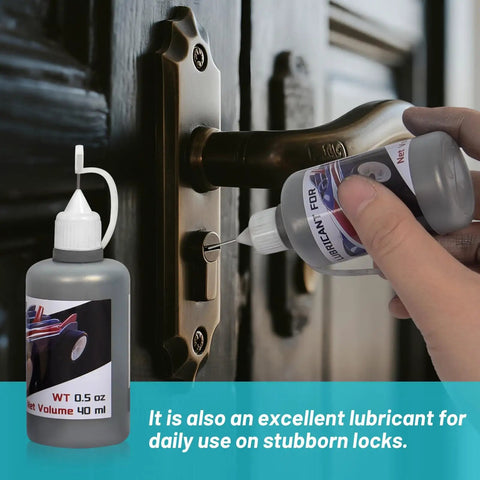 Graphite Powder Lubricant For Pinewood Derby Cars And Axles Dry Friction Buster For Faster Wheels Smoother Axles bottle in use on lock
