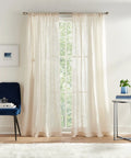 Pinstripe Sheer Curtain Panels Set, 50 x 84 Inches, Light Beige, Rod Pocket, Two Panel Window Treatments For Living Room And Bedroom, Soft Light Filtering, Modern Transitional Home Decor hung on window in bright room.
