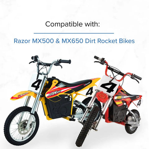 Two Razor MX500 and MX650 dirt bikes compatible with front brake disc rotor for electric dirt bikes.