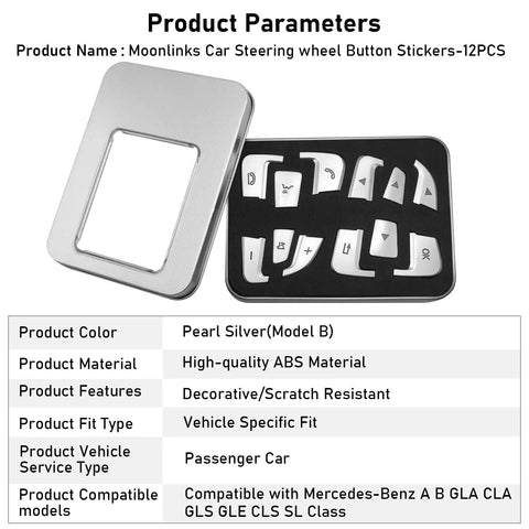 Mercedes Steering Wheel Button Covers Kit 12Pcs Chromed Silver Inner Decoration in packaging with product parameters.