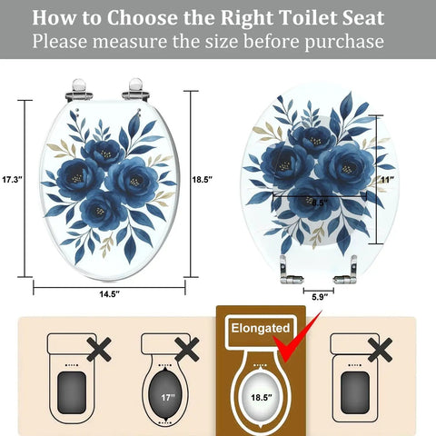 Elongated Toilet Seat Quiet Close Quick Release Bathroom with floral design and size measurements shown, 14.5" x 18.5".