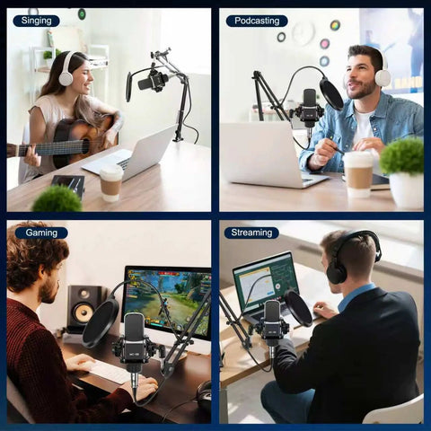 Upgraded Dual Mic Podcast Kit Bundle With Denoise And 10 Built In Effects Plus 4 Custom Sound Pads Bluetooth Wireless Music for various uses including singing, podcasting, gaming, and streaming.